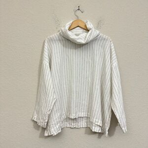 NWOT ESKANDAR White Linen Monk Cowl Neck Top Lagenlook in Stripe Sz 1 (10-12)